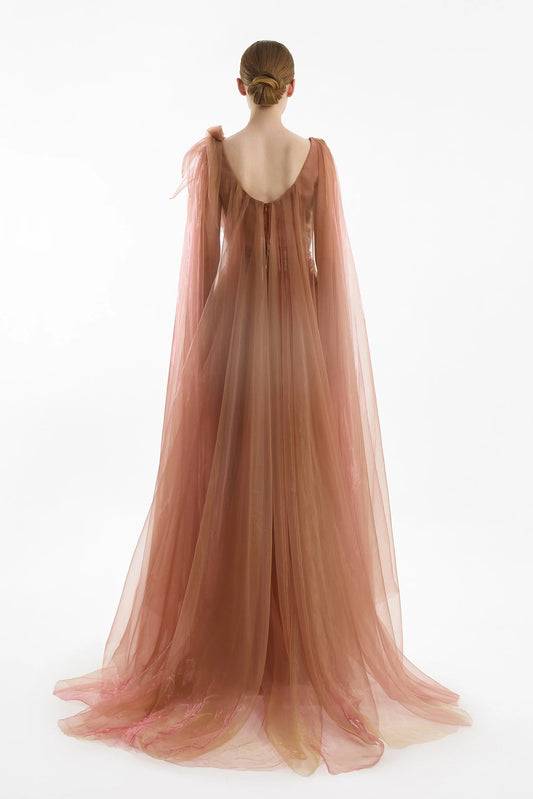 Draped Gown with Floral Shoulder