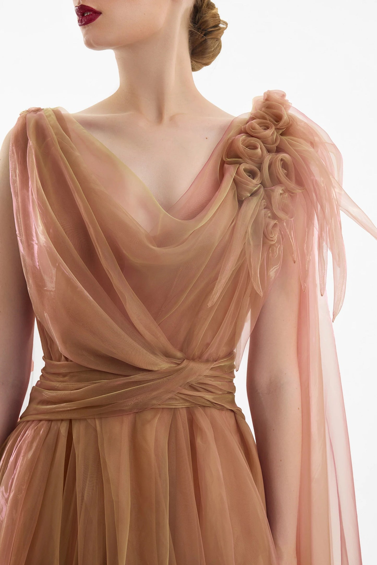 Draped Gown with Floral Shoulder