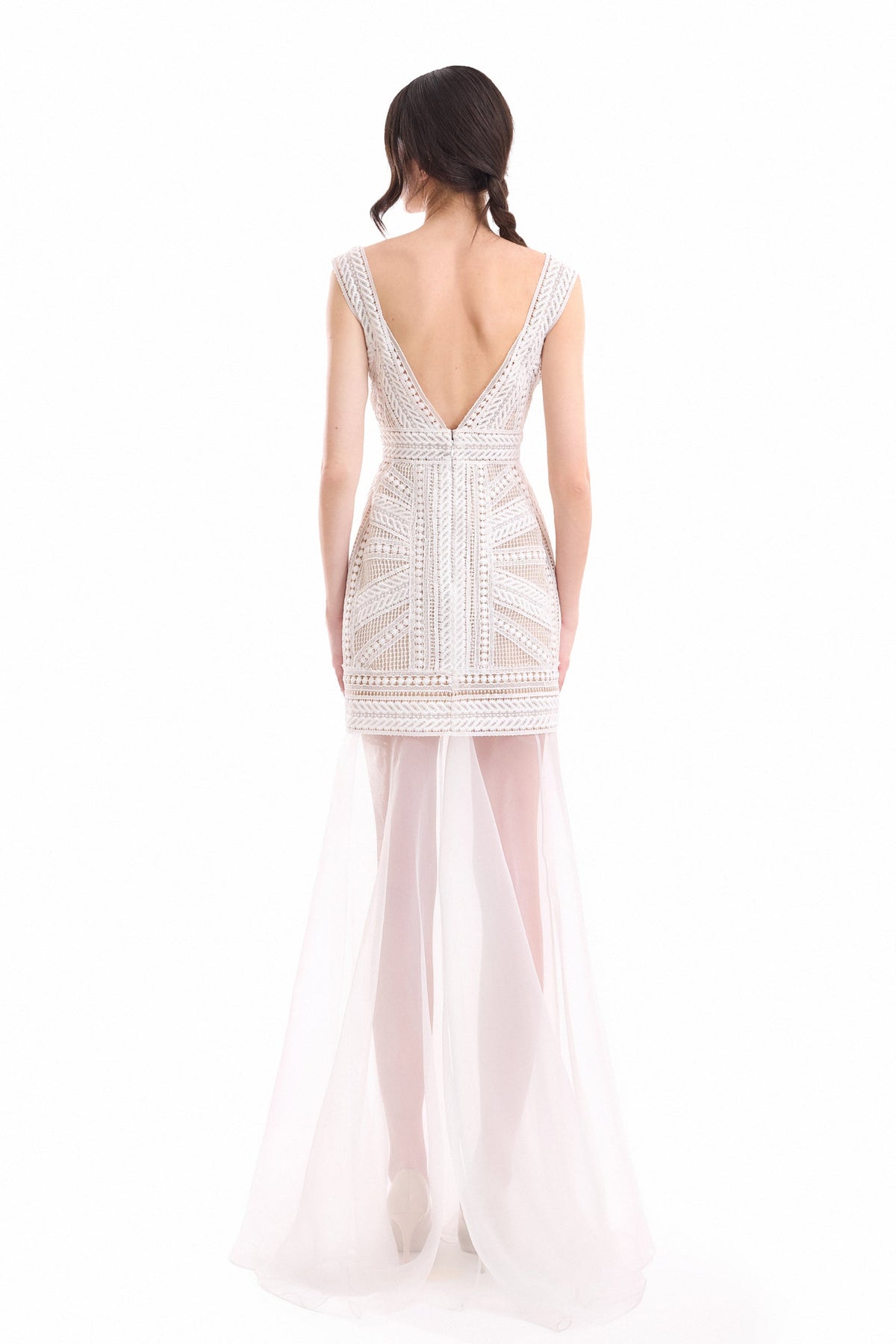 Geometric Fitted Dress with Overskirt - Ivory/White
