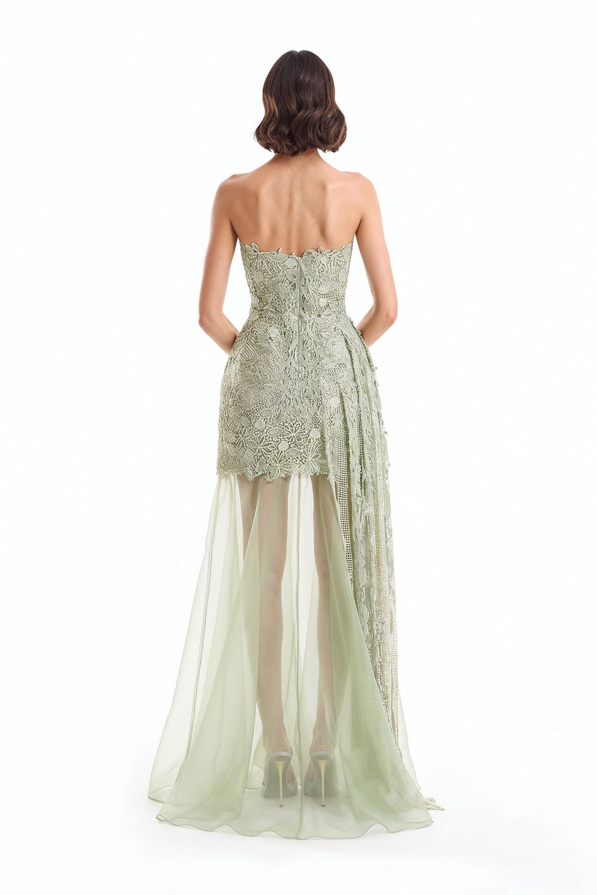 Guipure Cage Dress with Overskirt - Green