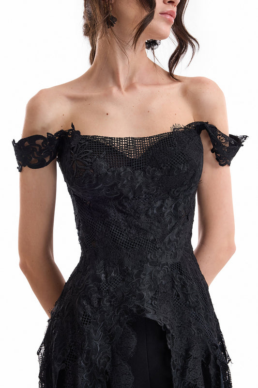 Off-Shoulder Embroidered Corset and Long Skirt Set - Black