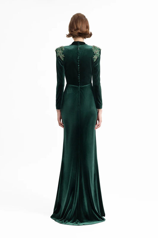 Slim Velvet Dress with Beaded Shoulders