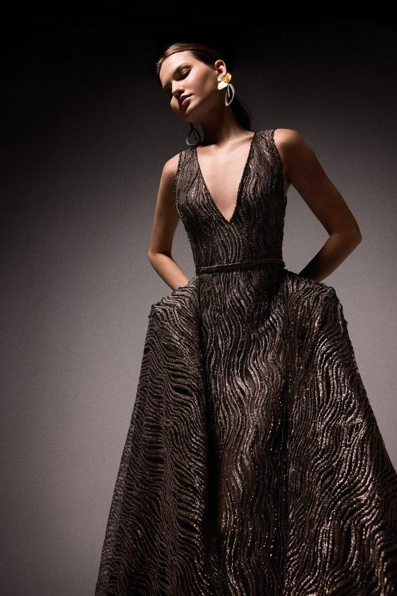 V-Neck Beaded Overskirt Dress