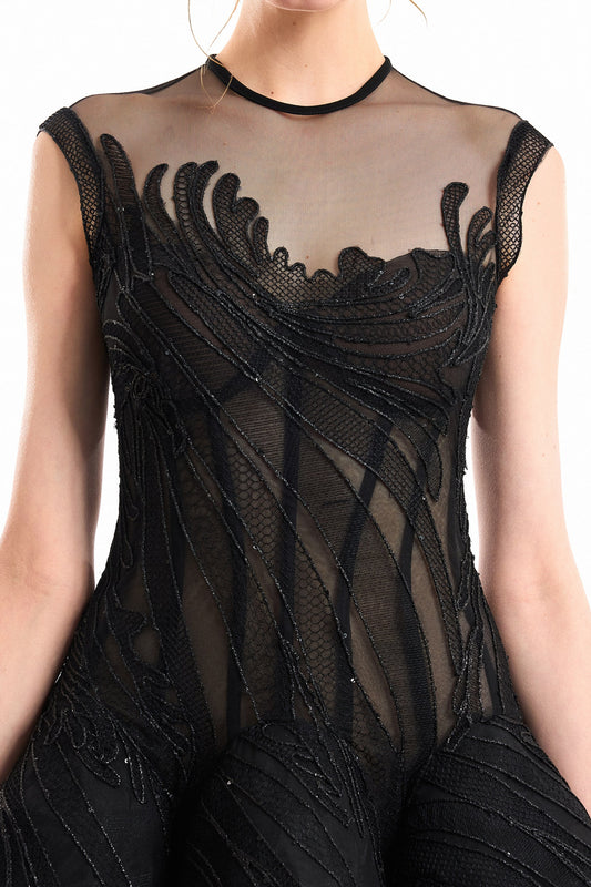 Corseted Sculptural Hip Dress - Black