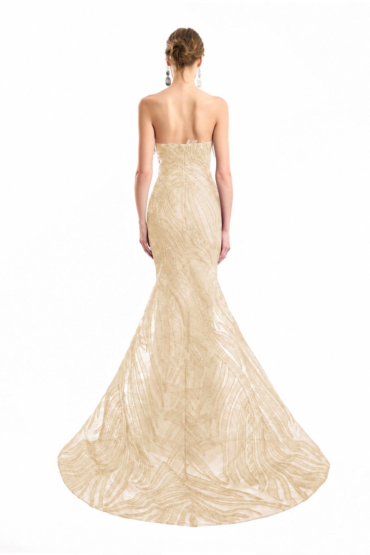 Off-Shoulder Feathered Mermaid Dress - Beige