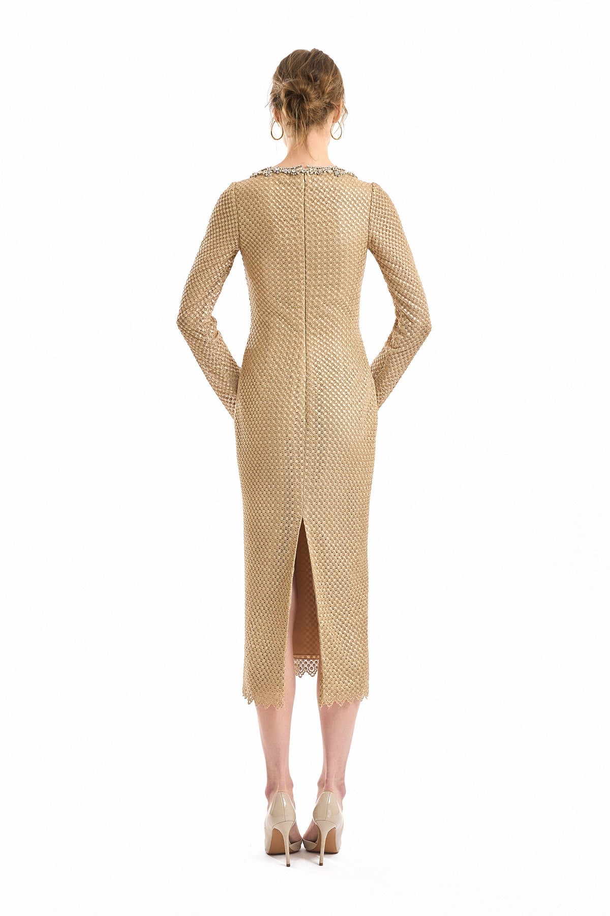 Beaded Scoop-Neck Midi Dress - Beige