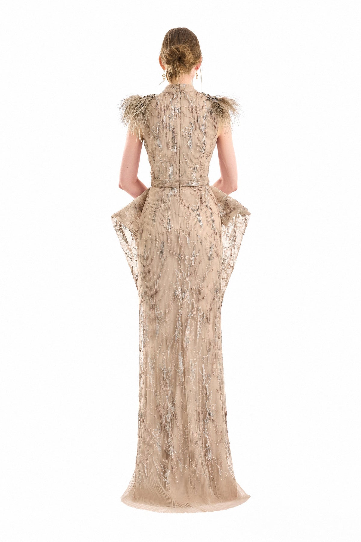 Feathered Shoulder Hip-Panel Dress - Beige