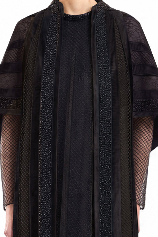 Embroidered Net Lace Dress with Beaded Cape - Black