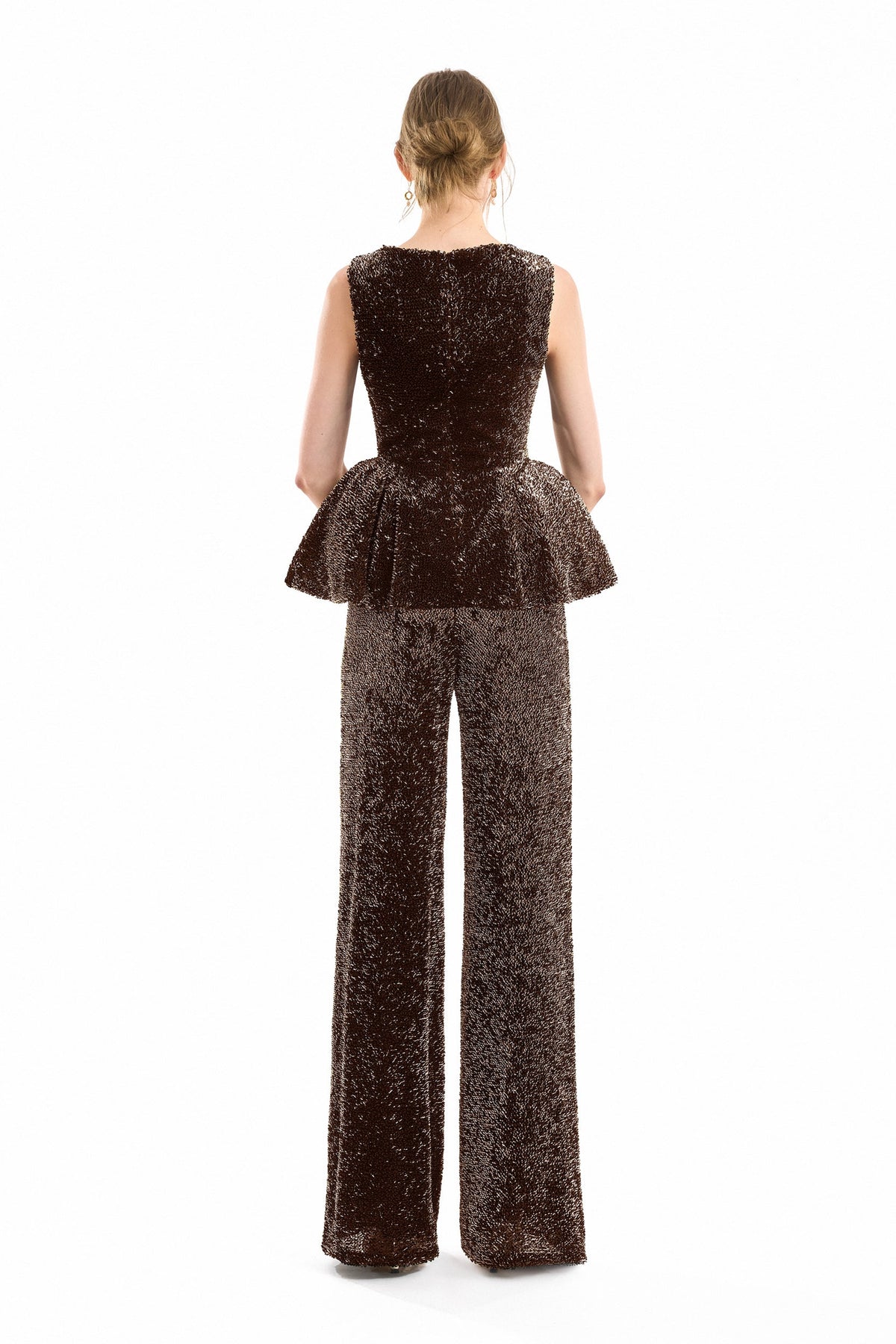 Square-Neck Peplum Top and Trouser Set - Brown