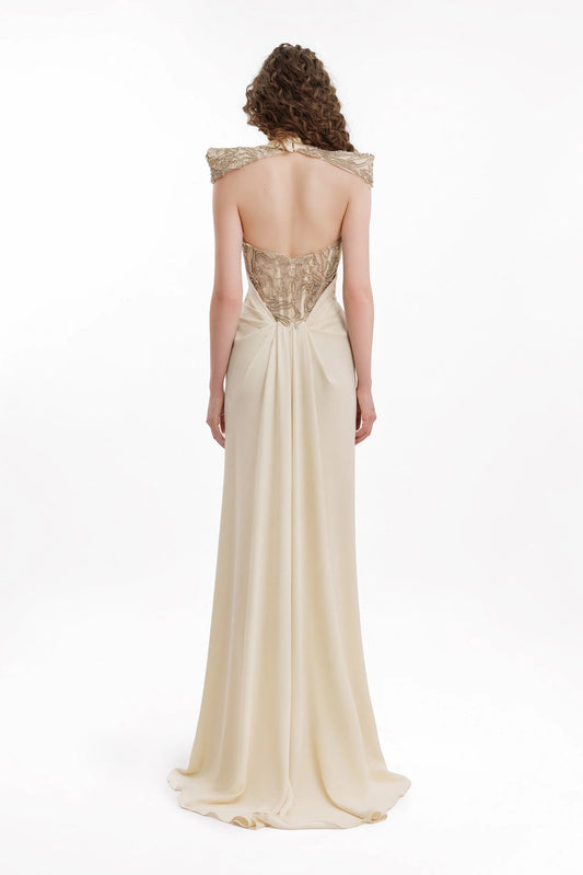 Beaded Shoulder High-Neck Dress