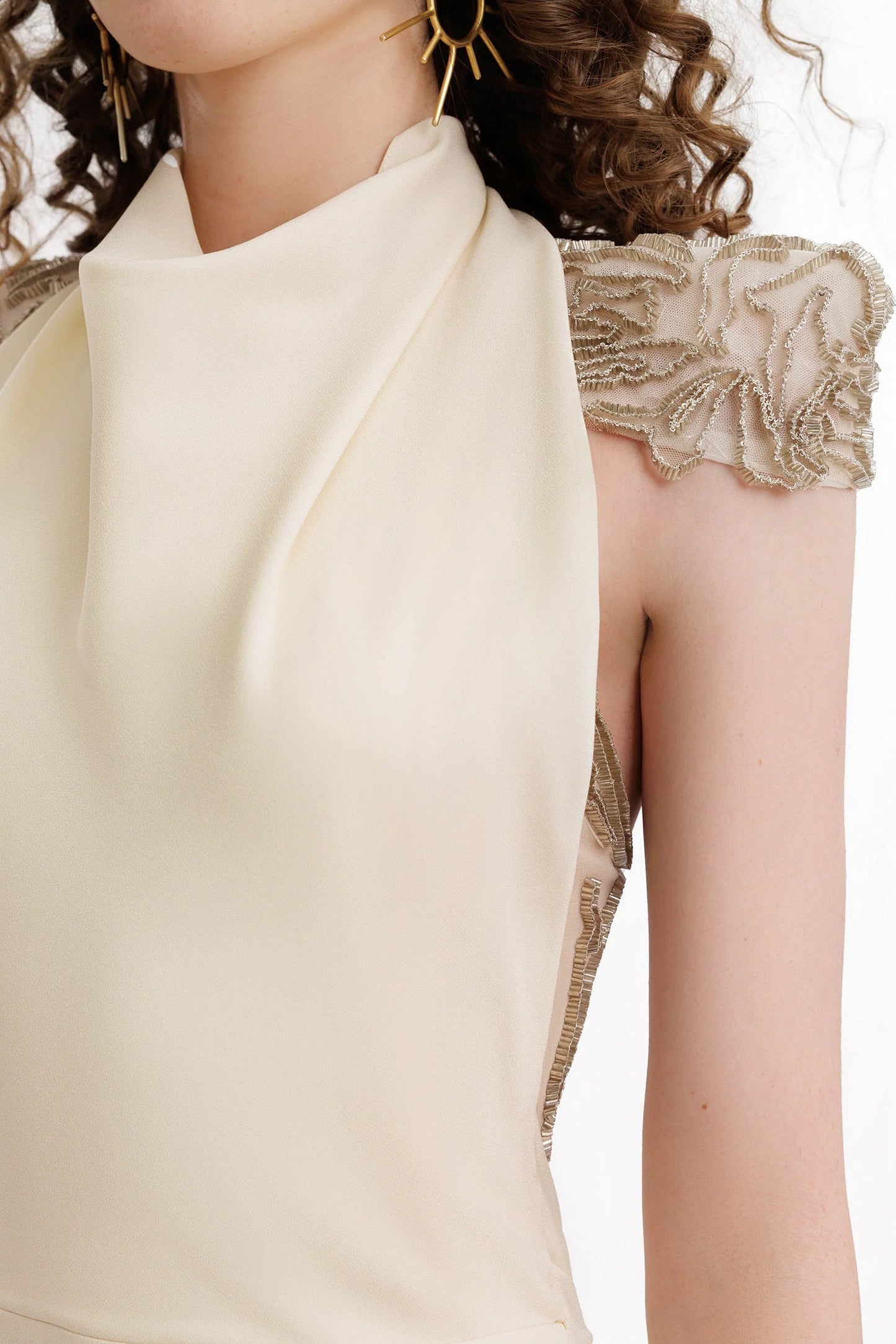 Beaded Shoulder High-Neck Dress