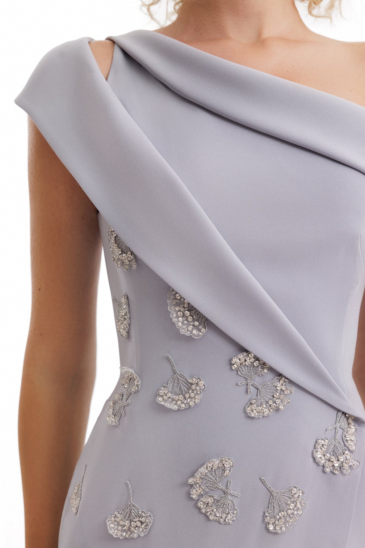 Folded Neck Asymmetrical Beaded Gown