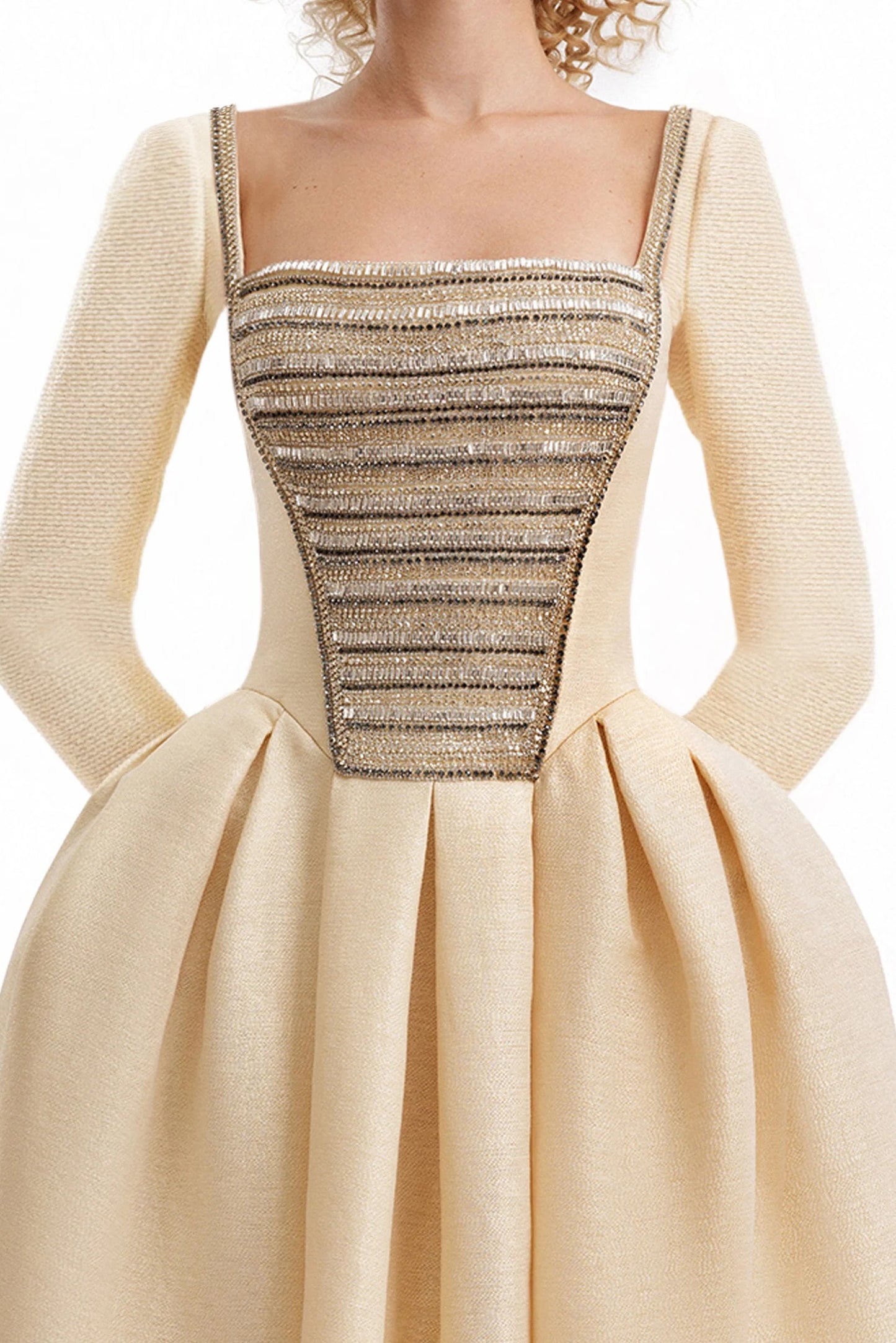 Squared-Neck Beaded Jacquard Dress