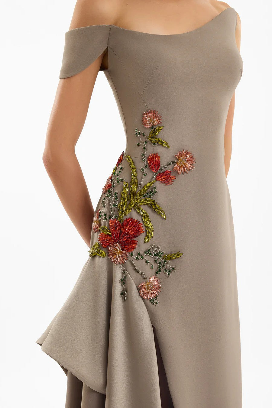 Asymmetrical Off-Shoulder Embroidered Dress