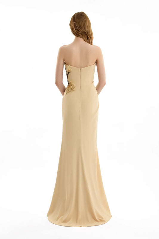 Strapless Draped Dress with Beaded Floral Detail