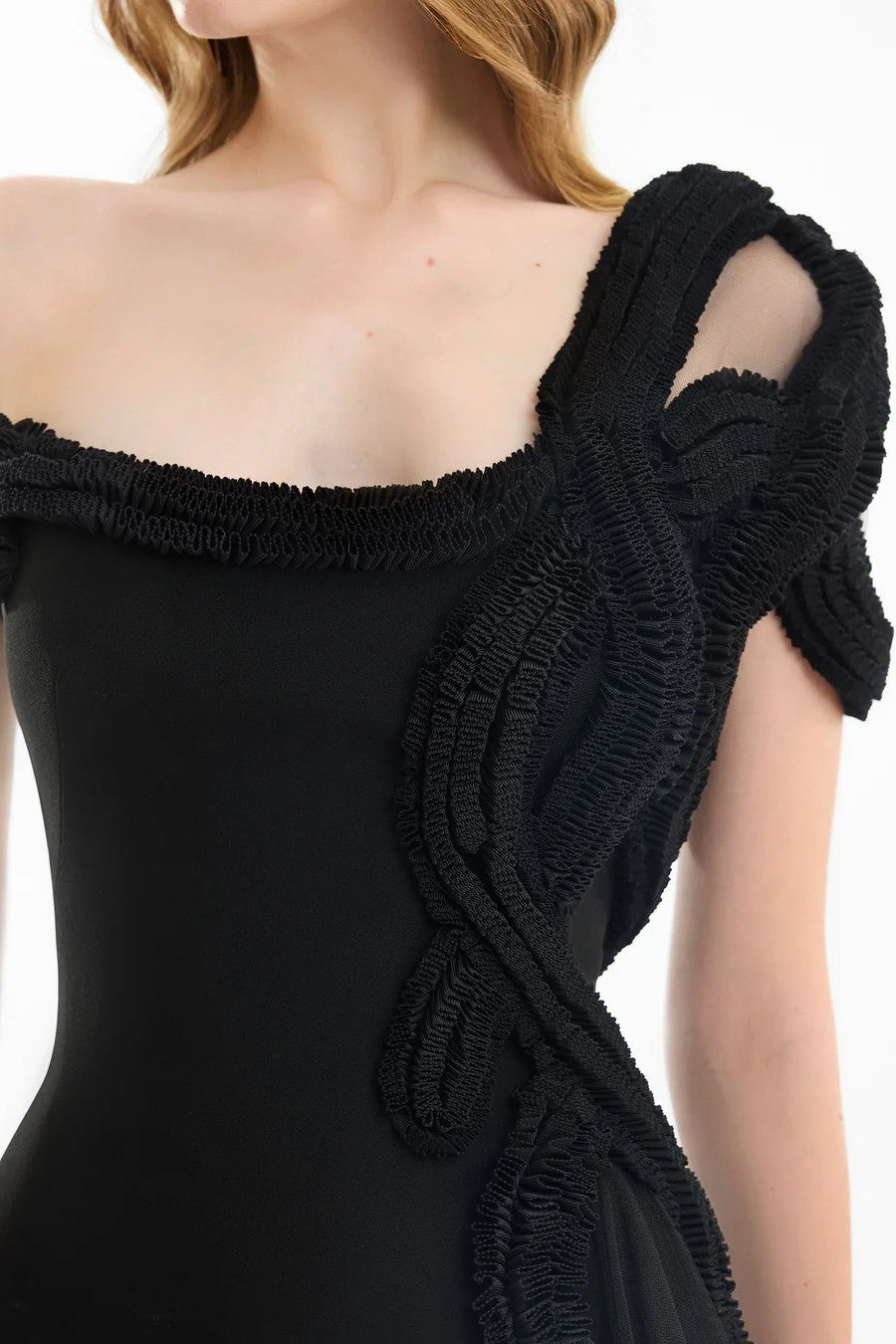 One-Shoulder Dress with Sculptural Embroidery