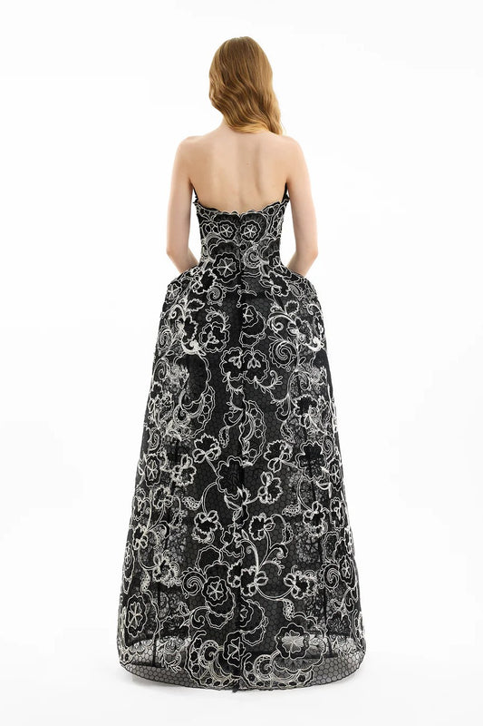Strapless Embroidered Lace Gown