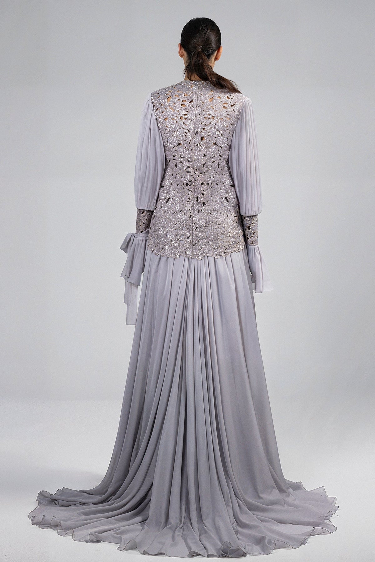 Plunging Bell-Sleeve Chiffon Gown