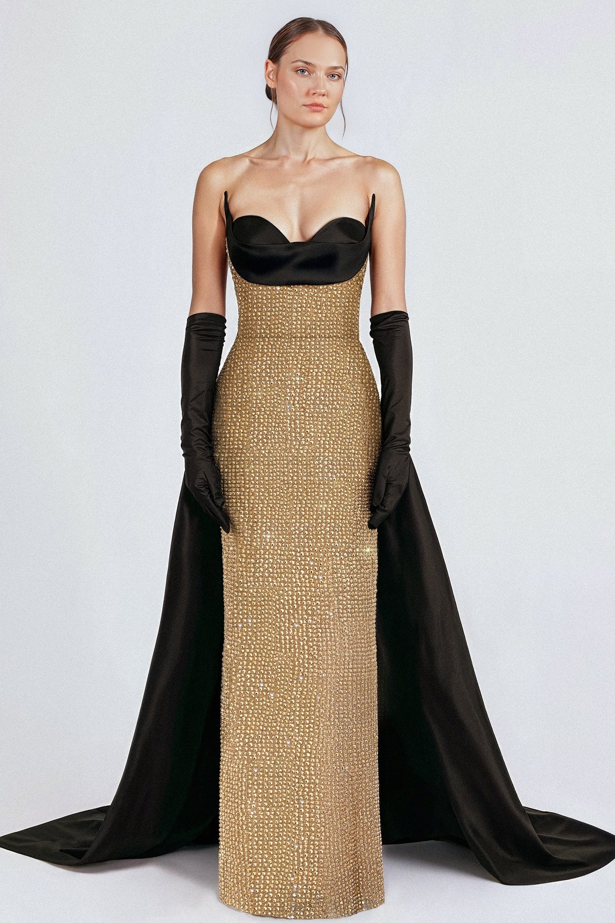 Strapless Crystal Cowl Gown