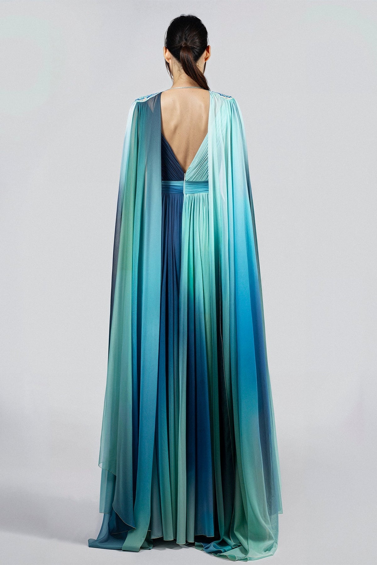 Cape-Sleeve Pleated Chiffon Gown