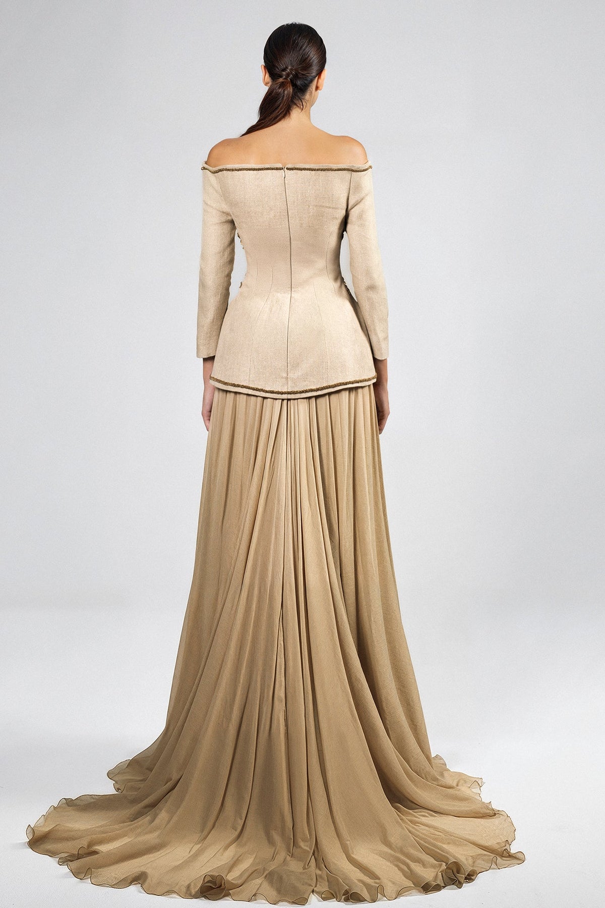 Embroidered Off-Shoulder Chiffon Gown