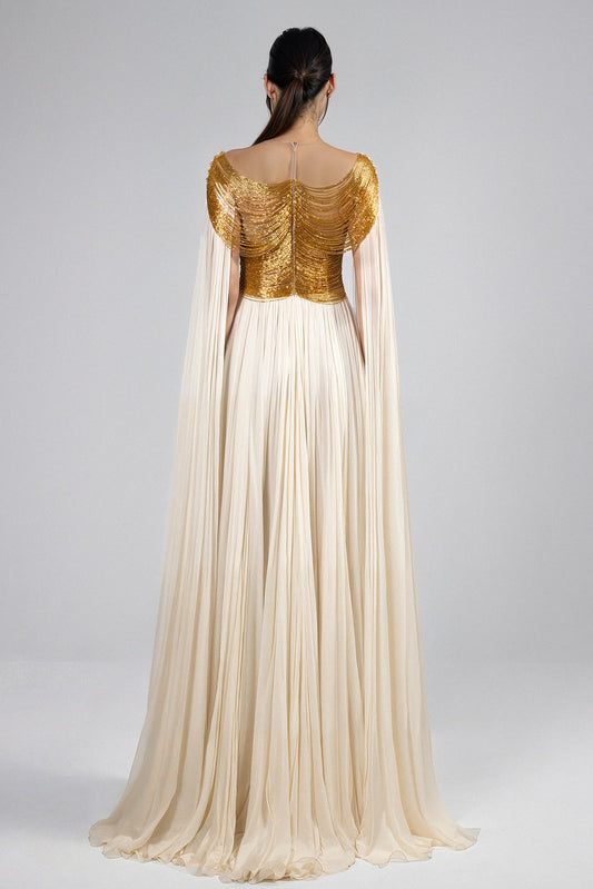 Beaded Bodice Cape-Sleeve Gown
