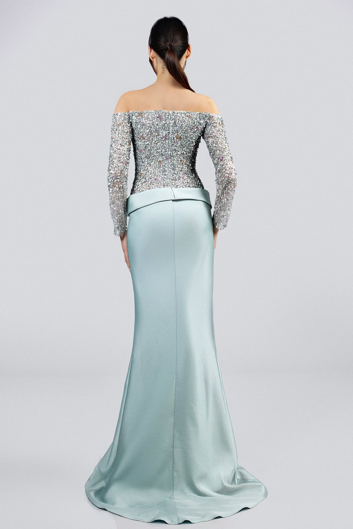 Off-Shoulder Sequin Wrap Gown