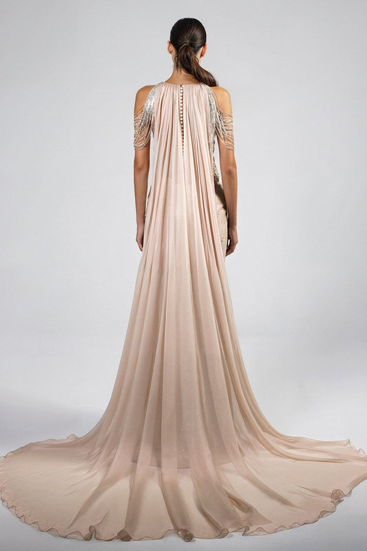 Beaded Cold-Shoulder Cape Gown