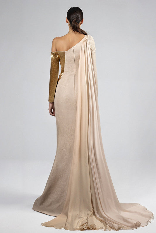One-Shoulder Sequin-Sleeve Gown