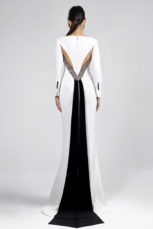 Plunging Tuxedo-Lapel Long-Sleeve Gown