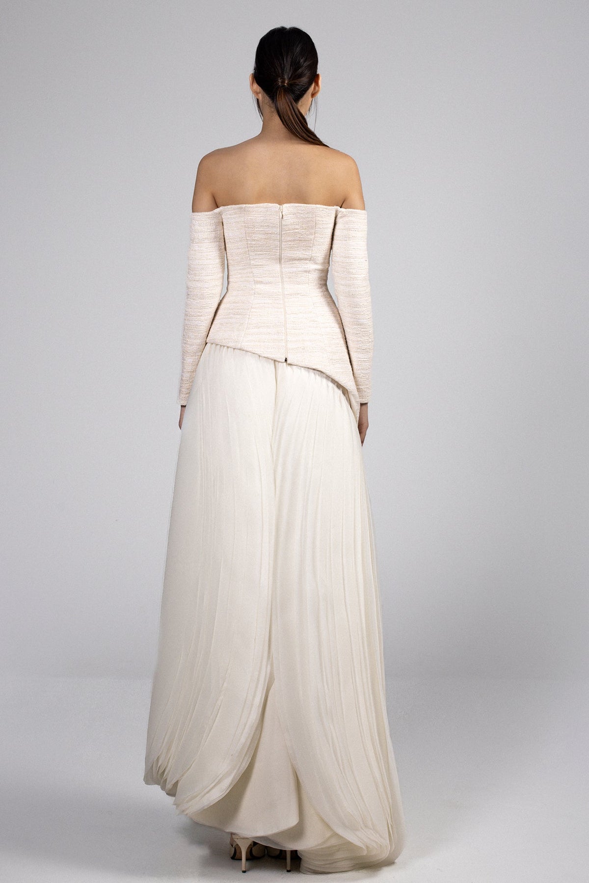Off-Shoulder Tweed Draped Gown