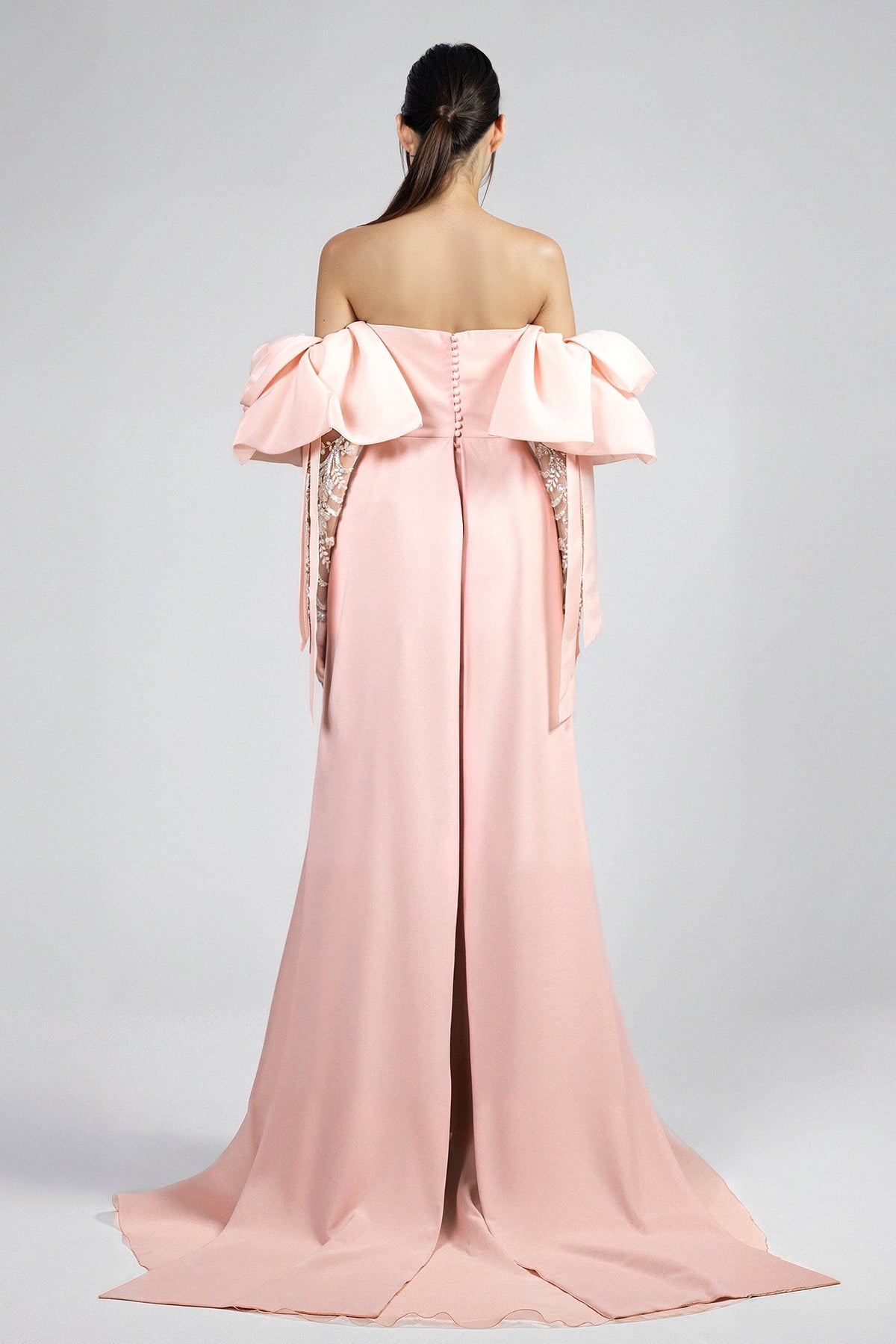 Off-Shoulder Organza Puff-Sleeve Gown
