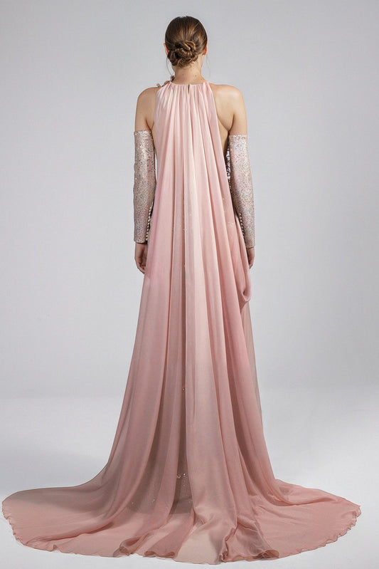 High-Neck Sequin Cape Gown
