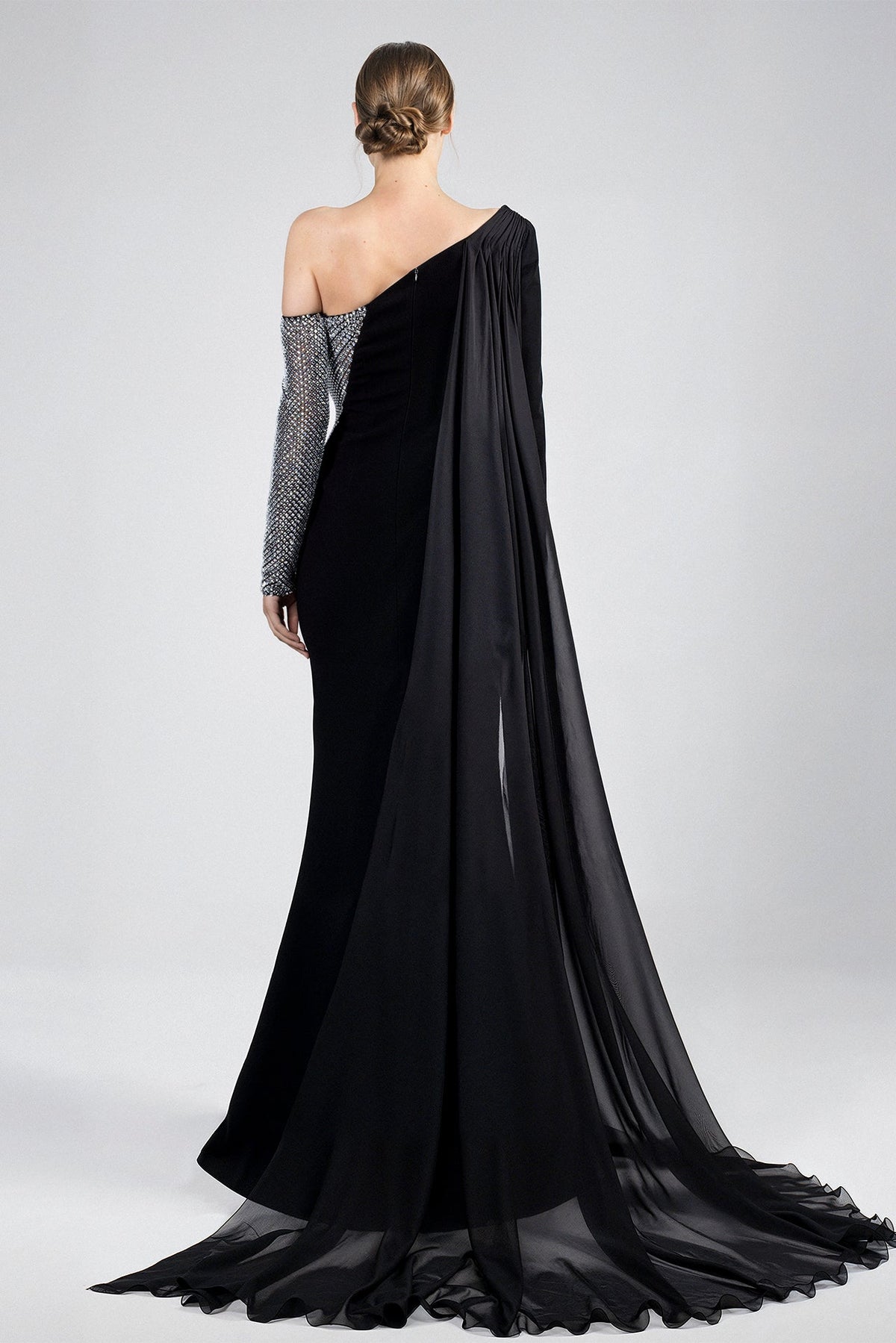 One-Shoulder Crystal Mesh Gown