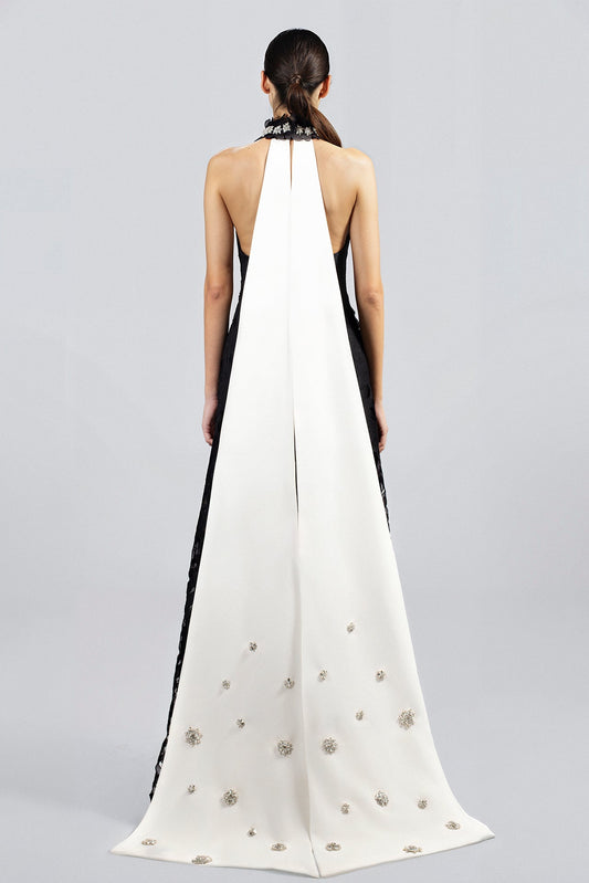 Crystal-Collar Lace Cape Gown