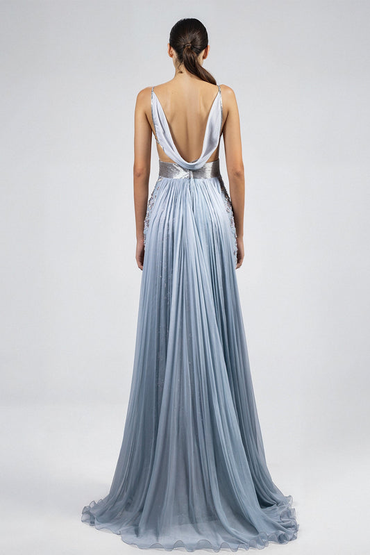 Sequin Cutout Cowl-Back Gown