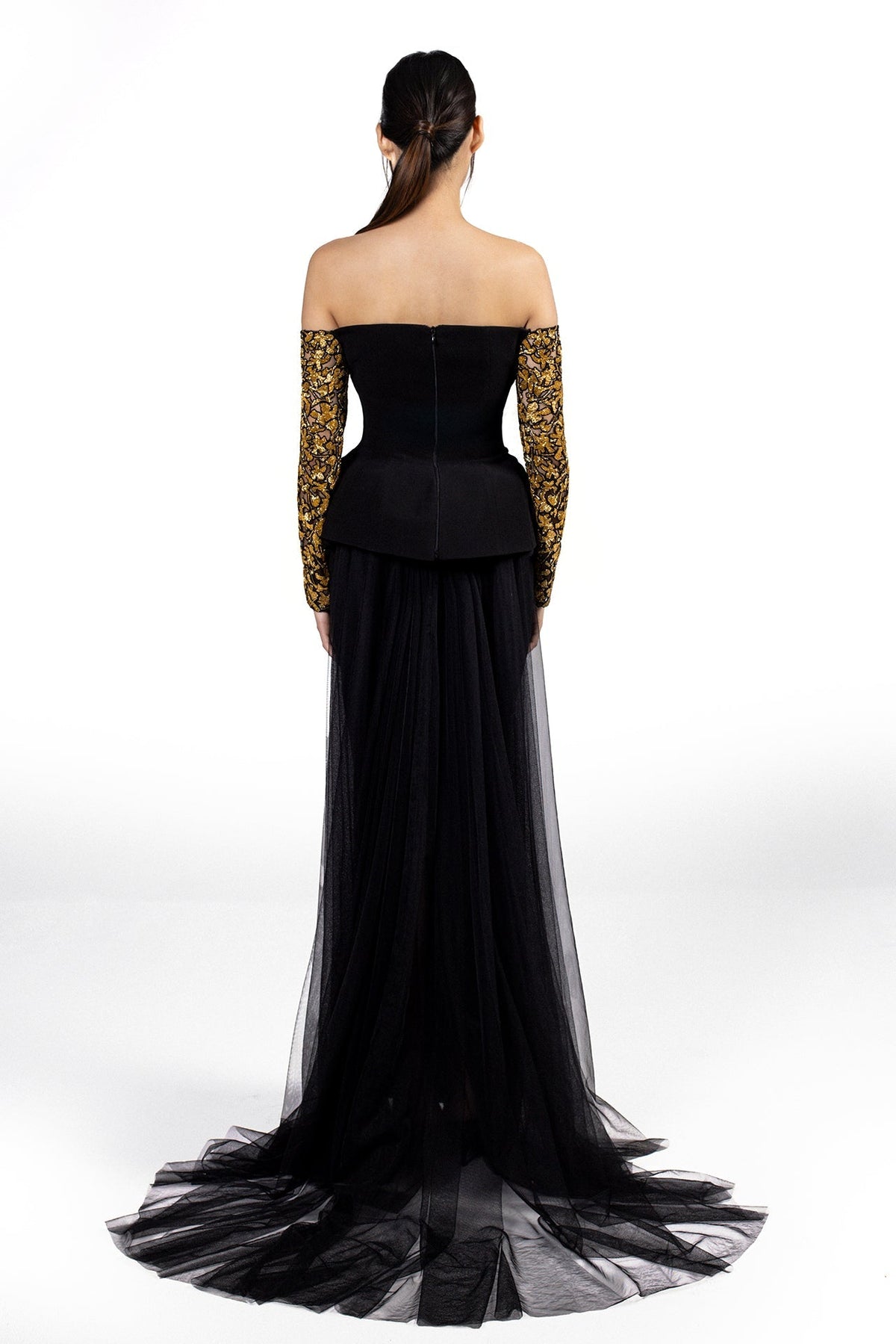 Off-Shoulder Peplum Embroidered-Sleeve Gown