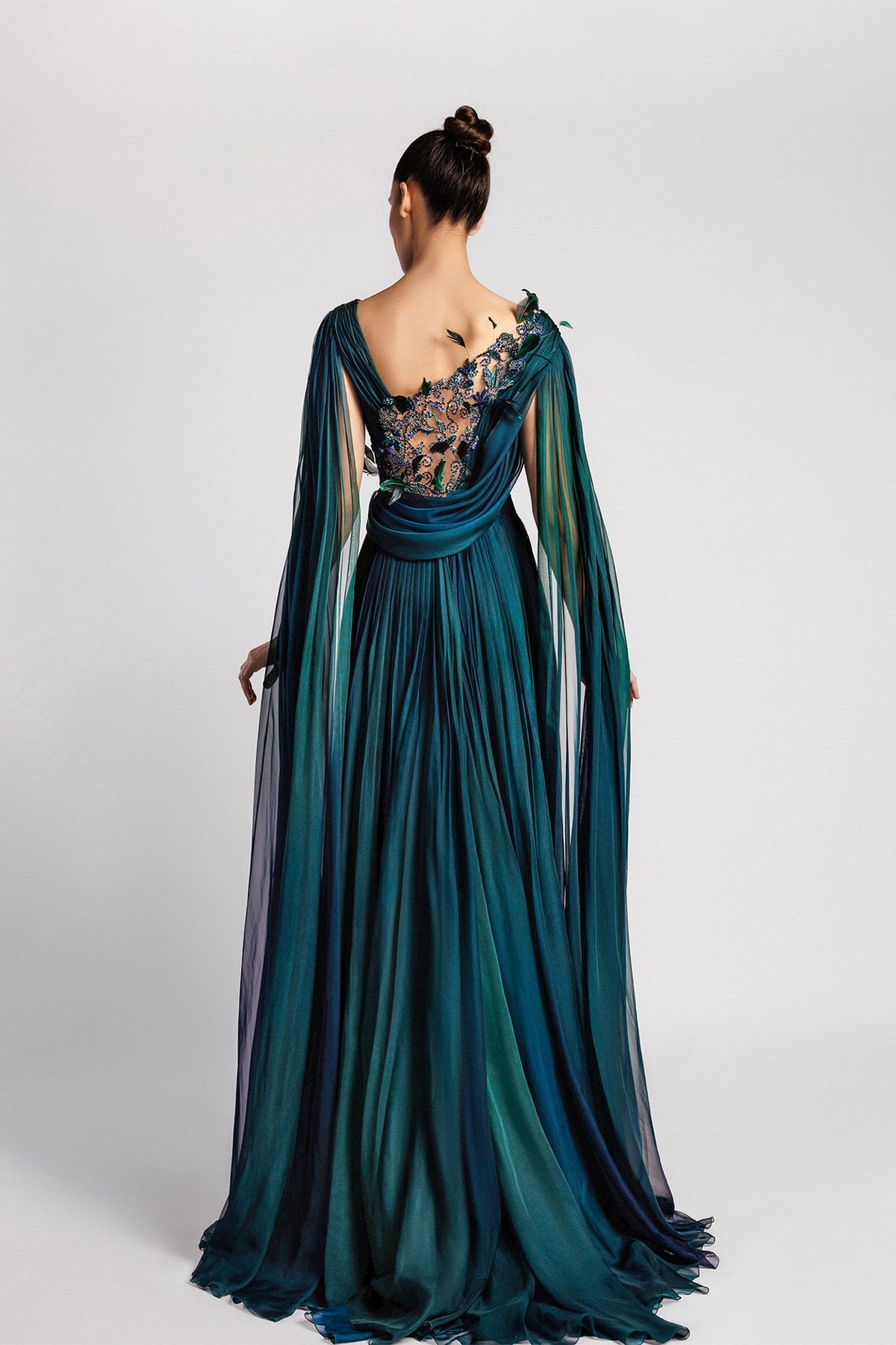 Asymmetric Cape-Sleeve Chiffon Gown