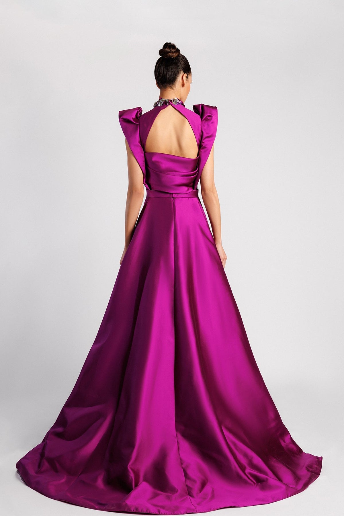 Plunging Ruffle-Shoulder Overskirt Gown