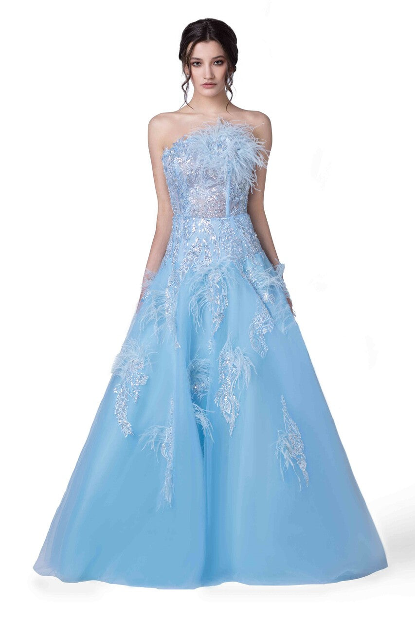 Embellished Feathered A-Line Gown