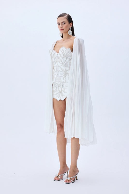 Flower Embroidered Lace Mini Dress with Cape
