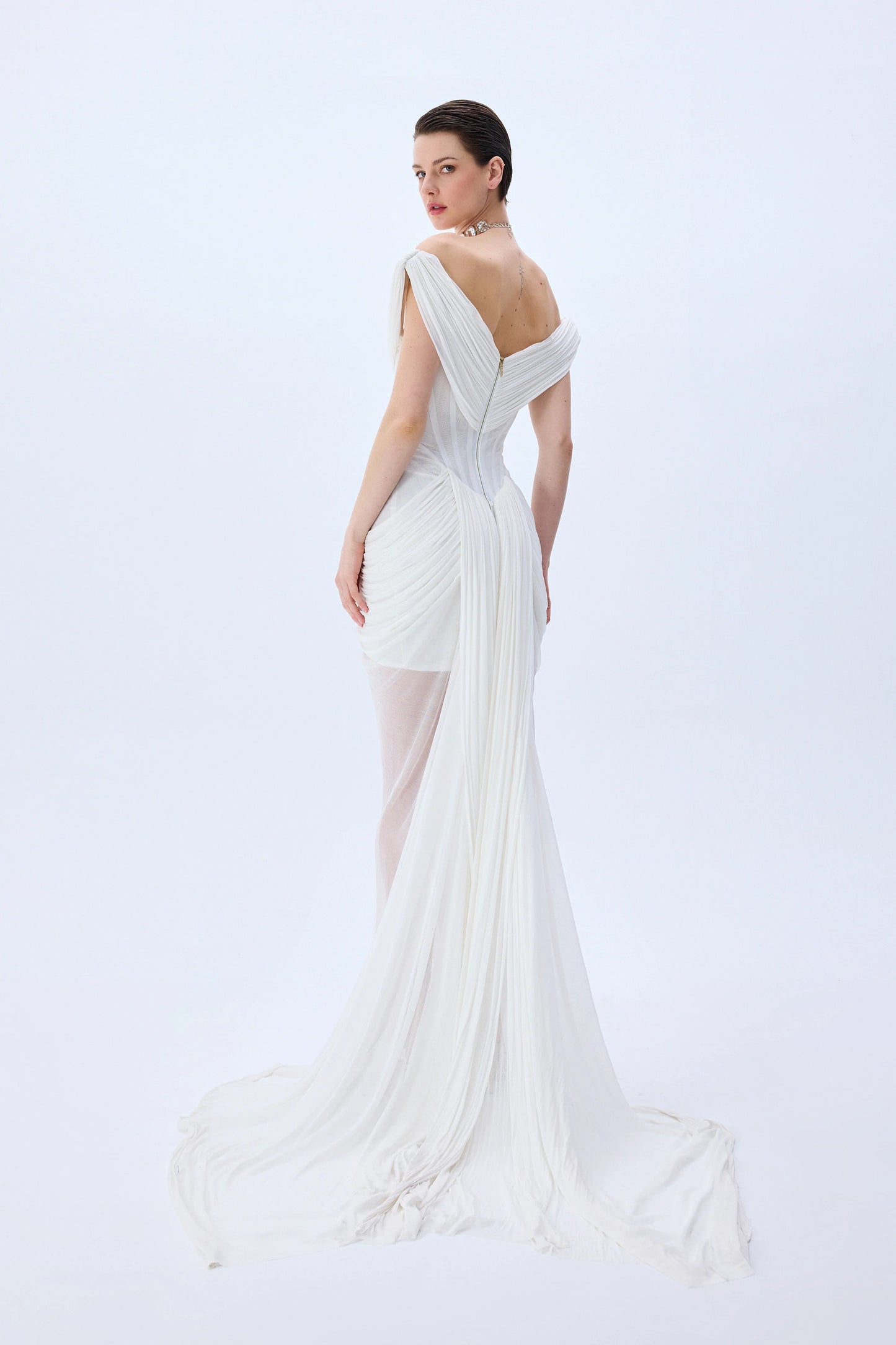 Silk Tulle Cowl Neckline Structural Dress