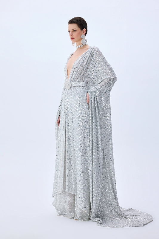 Chiffon Silver Fully Sequined Kaftan