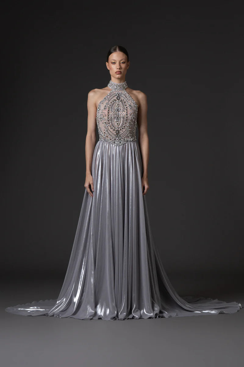 Crystal Bodice & Silver Chiffon Lamé Dress – District 5 Luxe