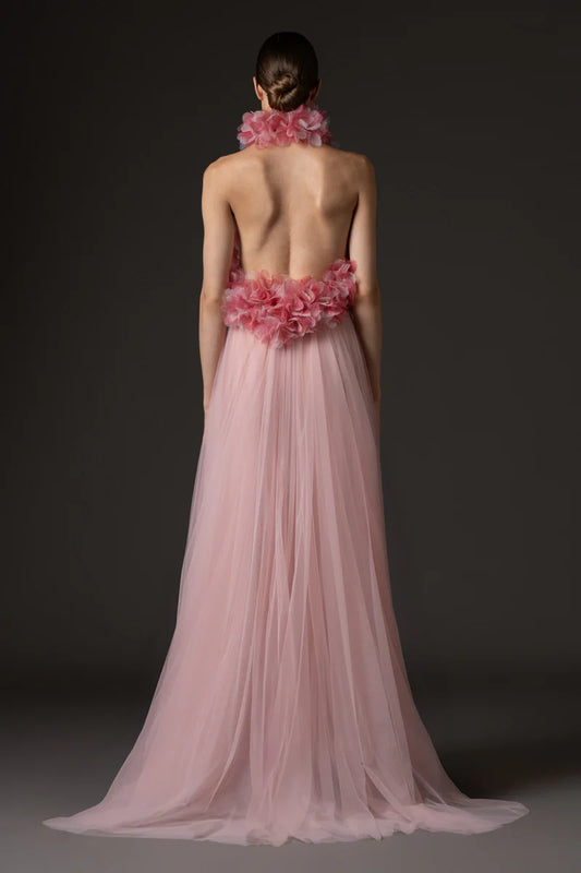 Halter Neck Tulle Dress with Flower Applique