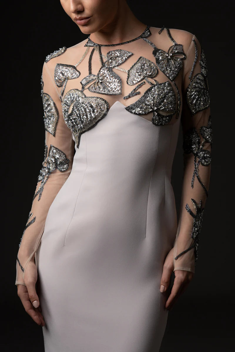 High Neck Silver Gray Crêpe Dress