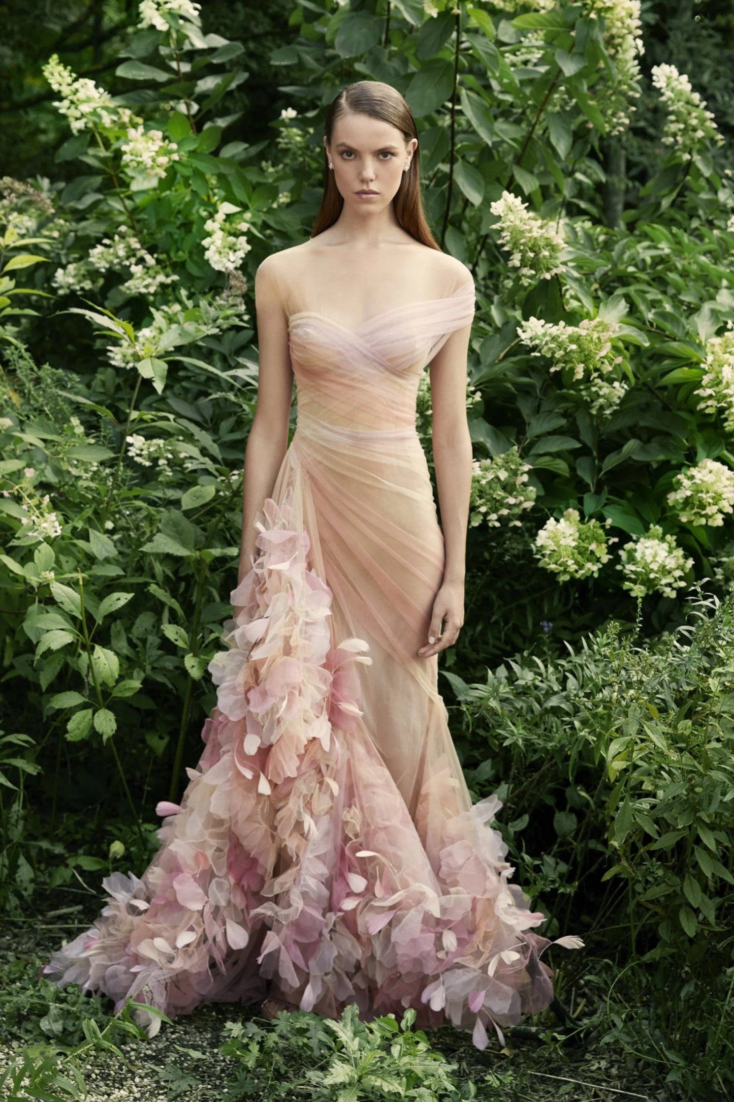 Illusion Off Shoulder Petal Gown