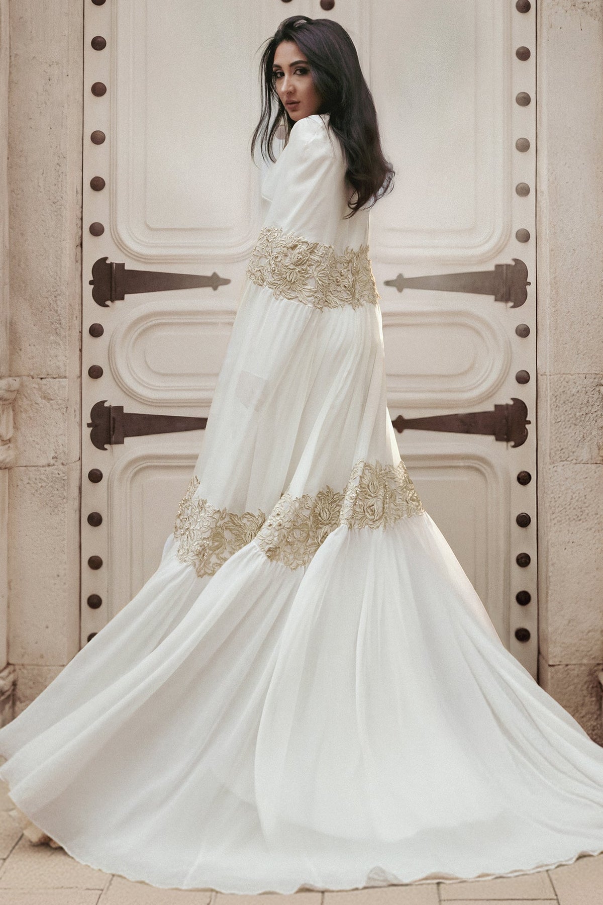 Keyhole Chiffon Cape-Sleeve Gown