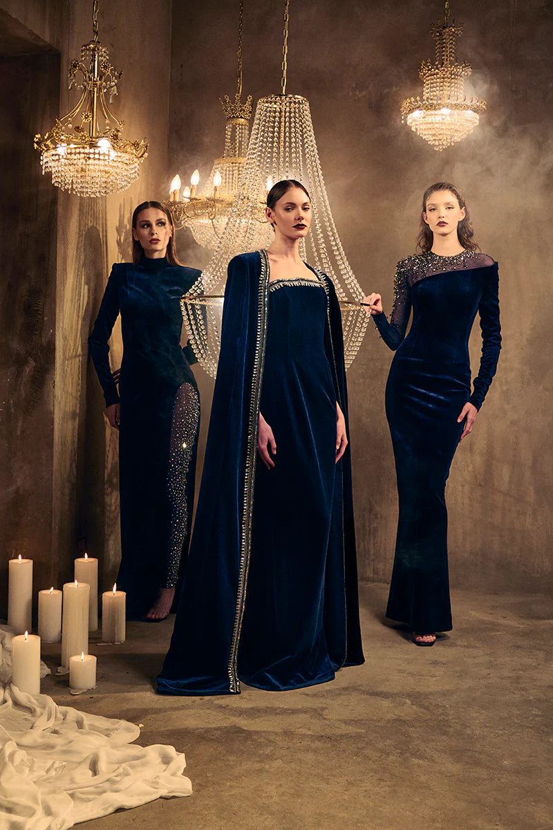 Embroidered Velvet Blue Dress with Cape