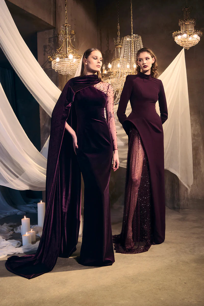 Velvet Burgundy Dress with One-Sided Cape